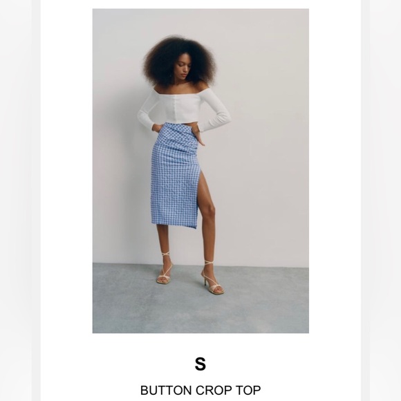 Zara Ribbed Off the Shoulder Crop Top White with Buttons - Picture 1 of 2